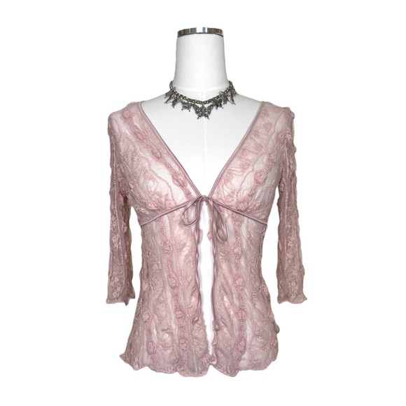 Y2K Cosabella Coquette Pink Sheer Lace 3/4 Sleeve Front Tie Top Size Medium - Picture 1 of 7